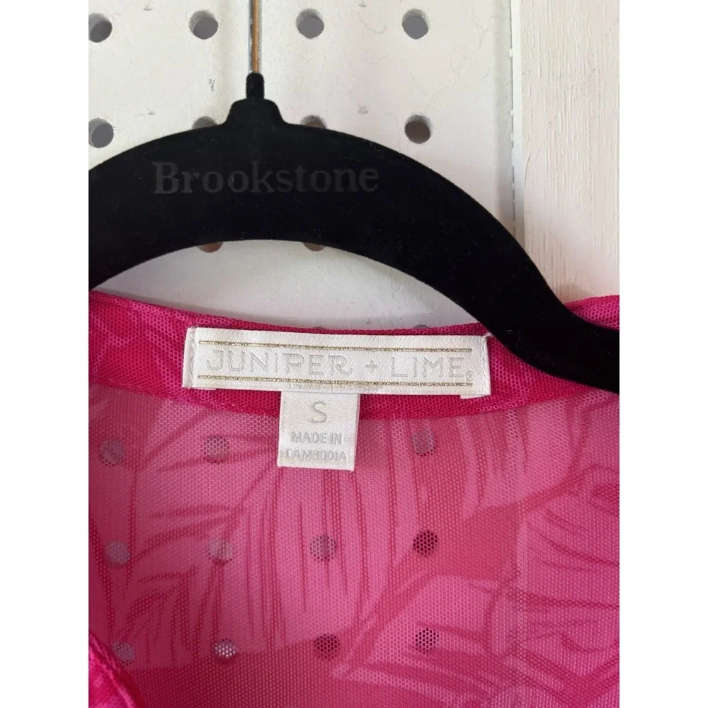 Juniper + Lime Sheer 3/4 SLV Floral‎ Hot Pink Vneck Button Blouse Small